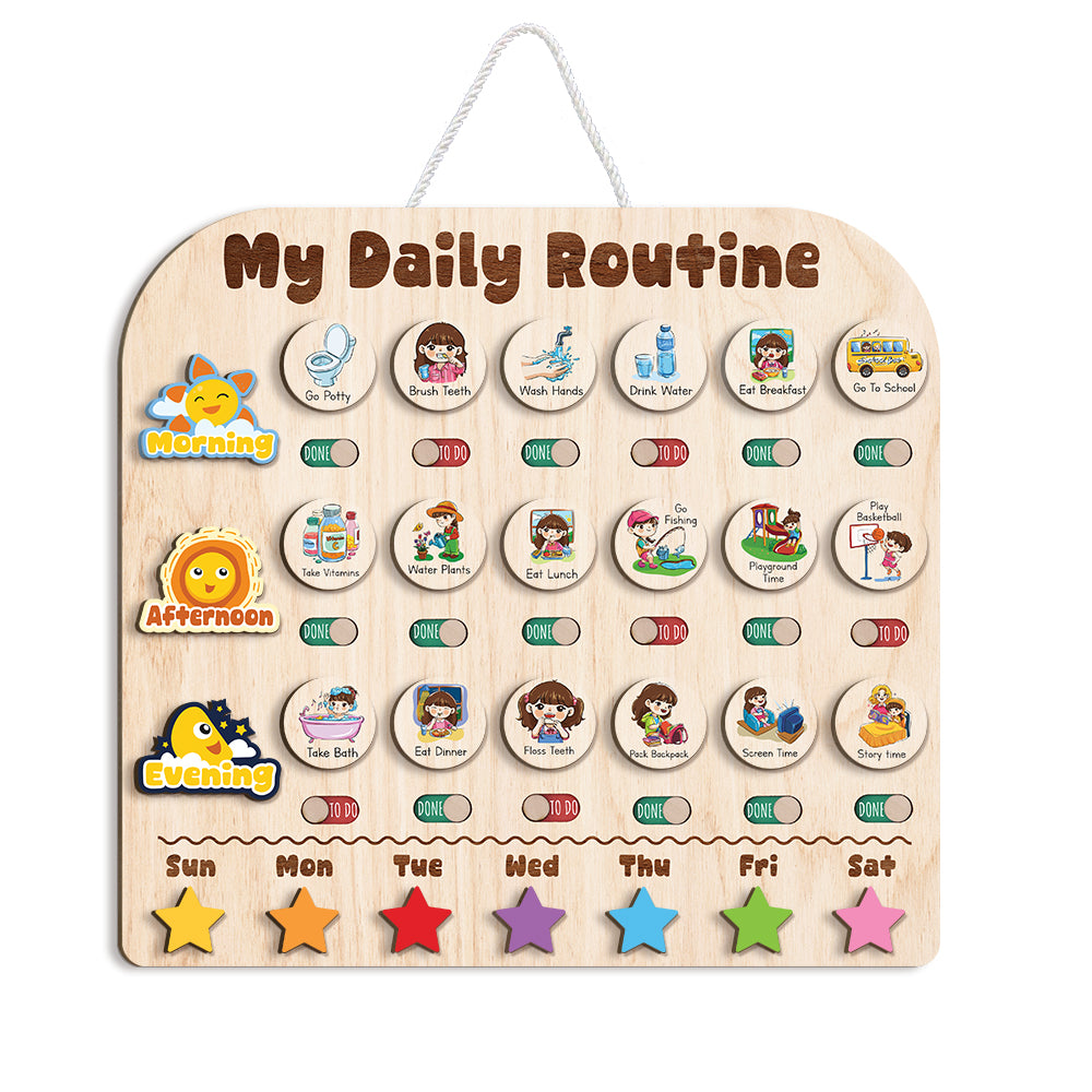 Wooden Daily Routine With Stars, Chore Chart For Kids, Visual Schedule For Kids, Behavior Chart For Kids