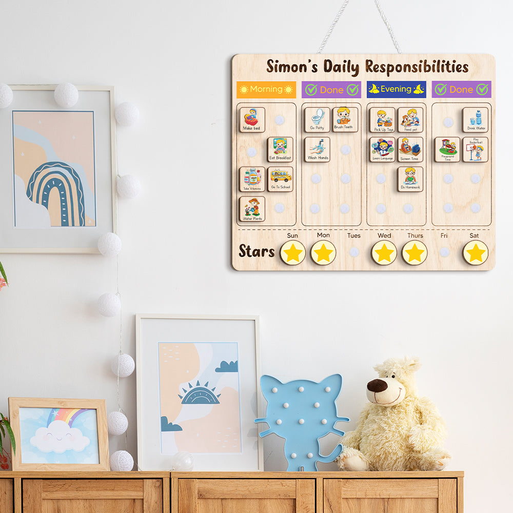 Personalized Wooden Daily Responsibilities Chore List For Kids, Wooden Chore Chart For Kids, Toddler Routine Board