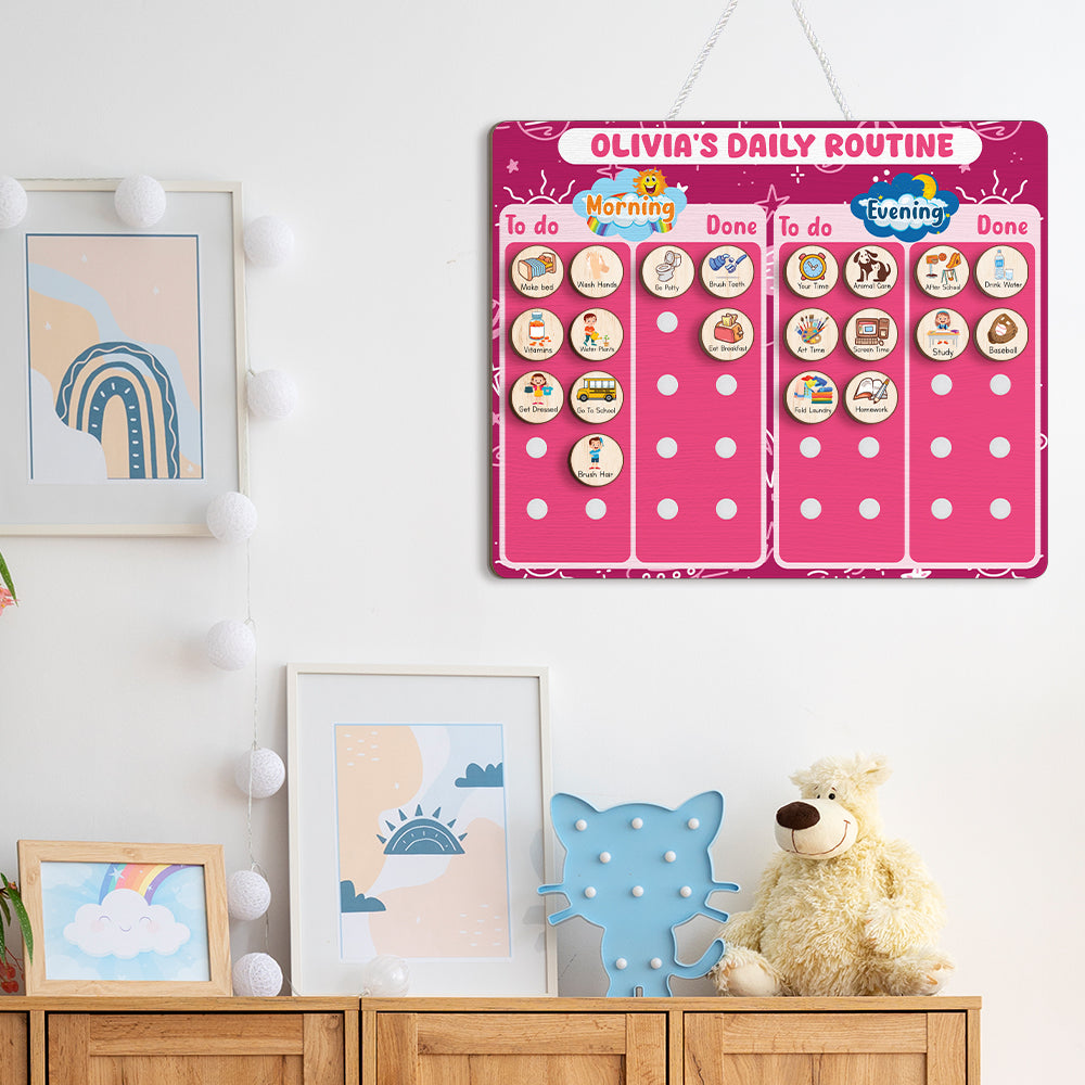 Personalized Wooden Daily Routine Chore Chart Chores For Girls, Toddler Routine Chart For Kids