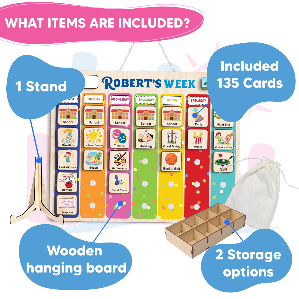 Personalized Wooden Weekly Chart For Kids, Weekly Planner for Children, Chore Chart For Toddlers