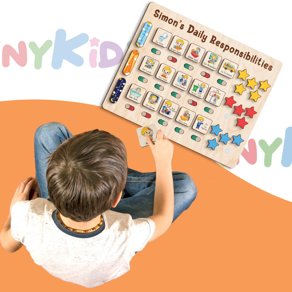 Custom Wooden Chart Of Chores, Wooden Daily Schedule With Star Rewards For Kids, Chore Chart For Kids