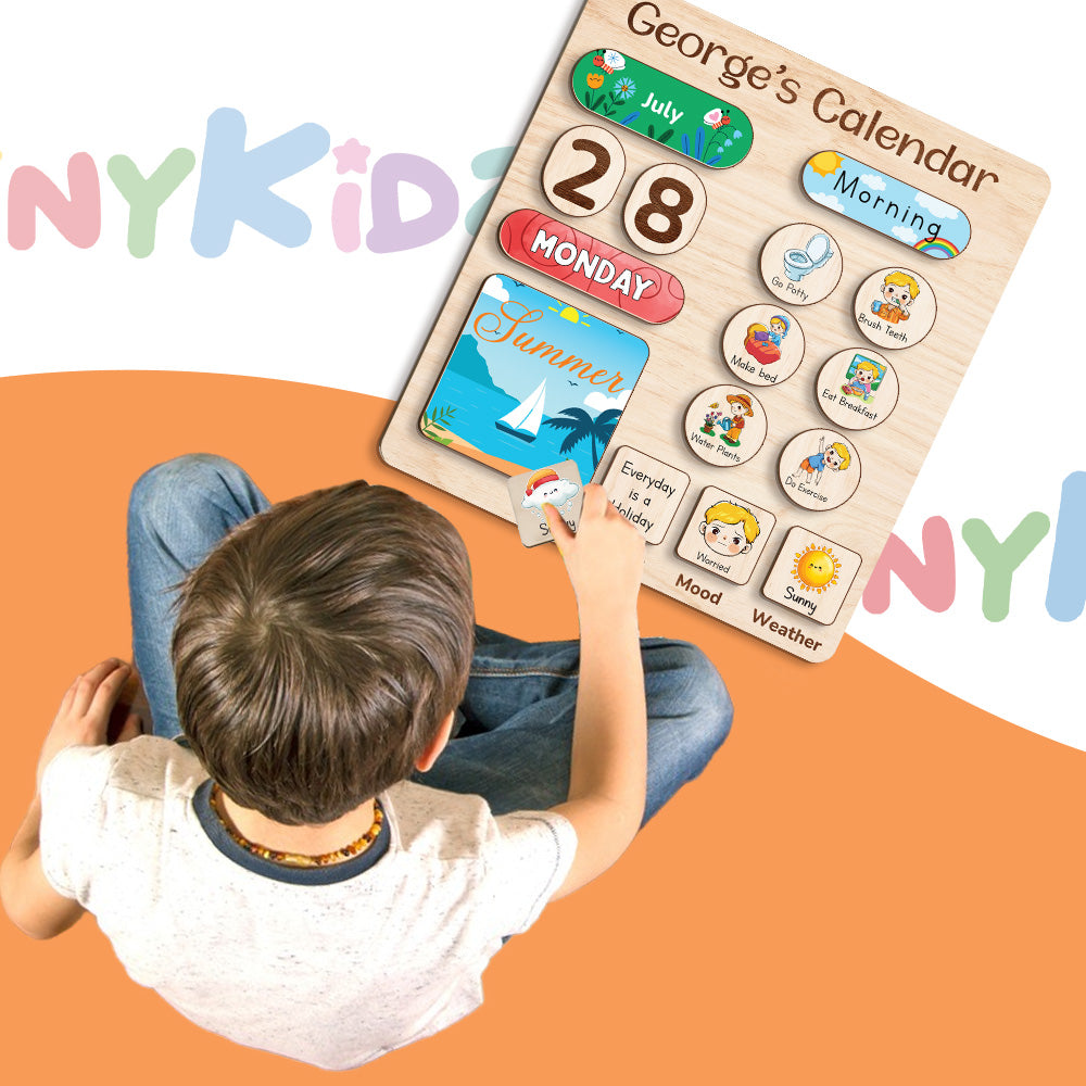 Personalized Montessori Toys Wooden Calendar For Kids Learning Day Month Weather, Wooden Chore Chart For Kids