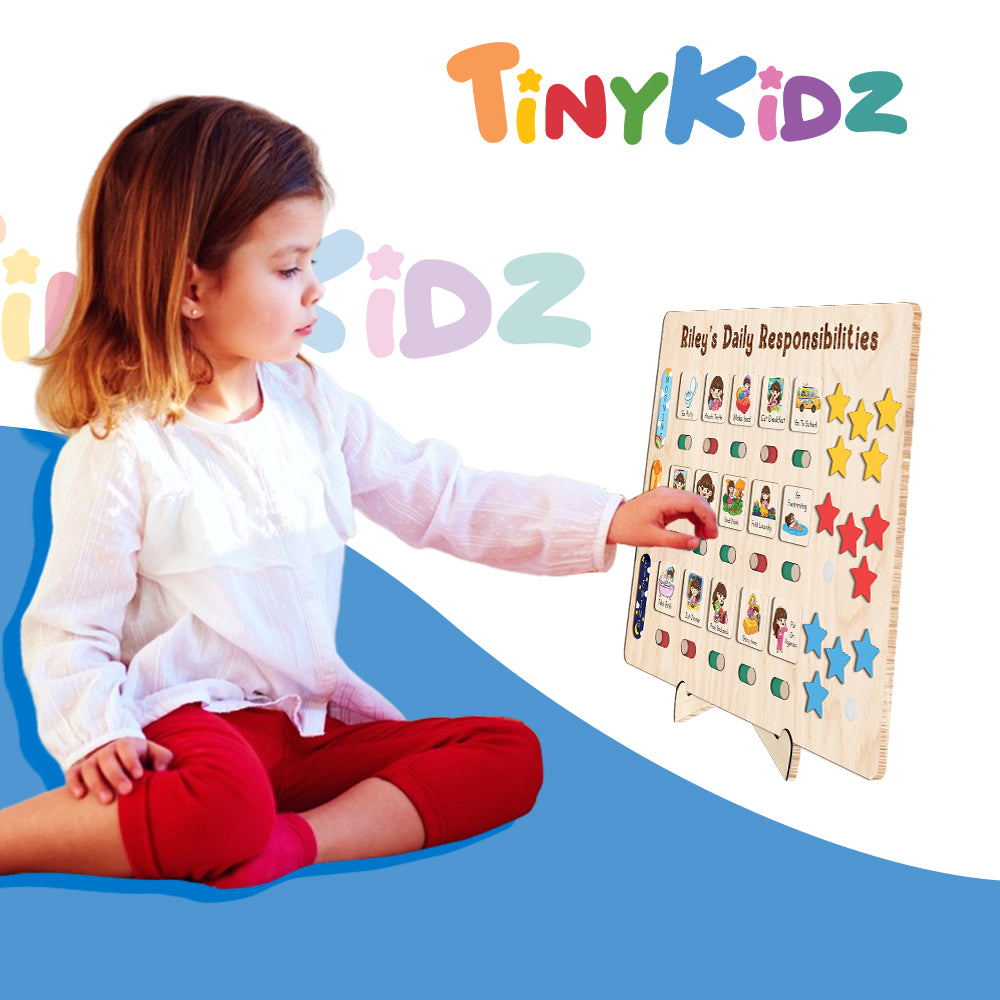 Custom Wooden Chart Of Chores, Wooden Daily Schedule With Star Rewards For Kids, Chore Chart For Kids