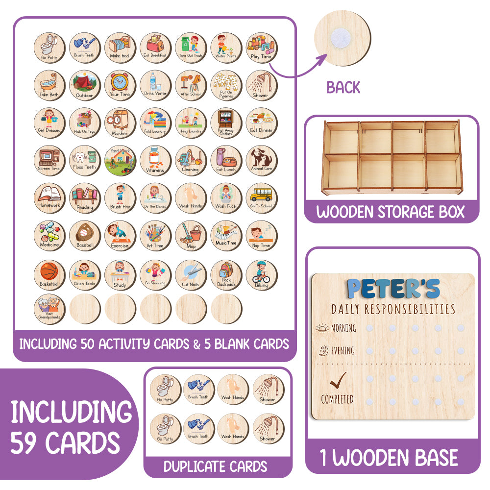 Personalized Wooden Daily Responsibilities For Boys, Chart Of Chores For Kids, Toddler Routine Chart