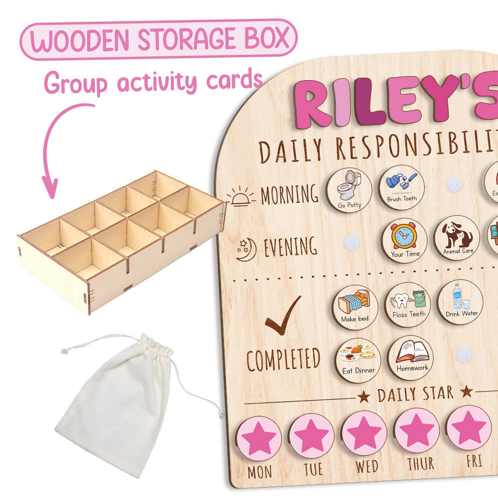 Personalized Wooden Daily Responsibilities Chart Of Chores With Stars Reward For Girls, Wooden Chore Chart For Kids