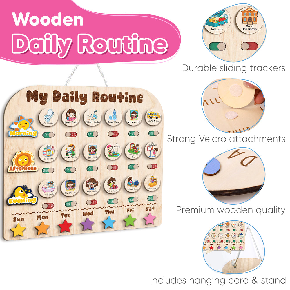 Wooden Daily Routine With Stars, Chore Chart For Kids, Visual Schedule For Kids, Behavior Chart For Kids