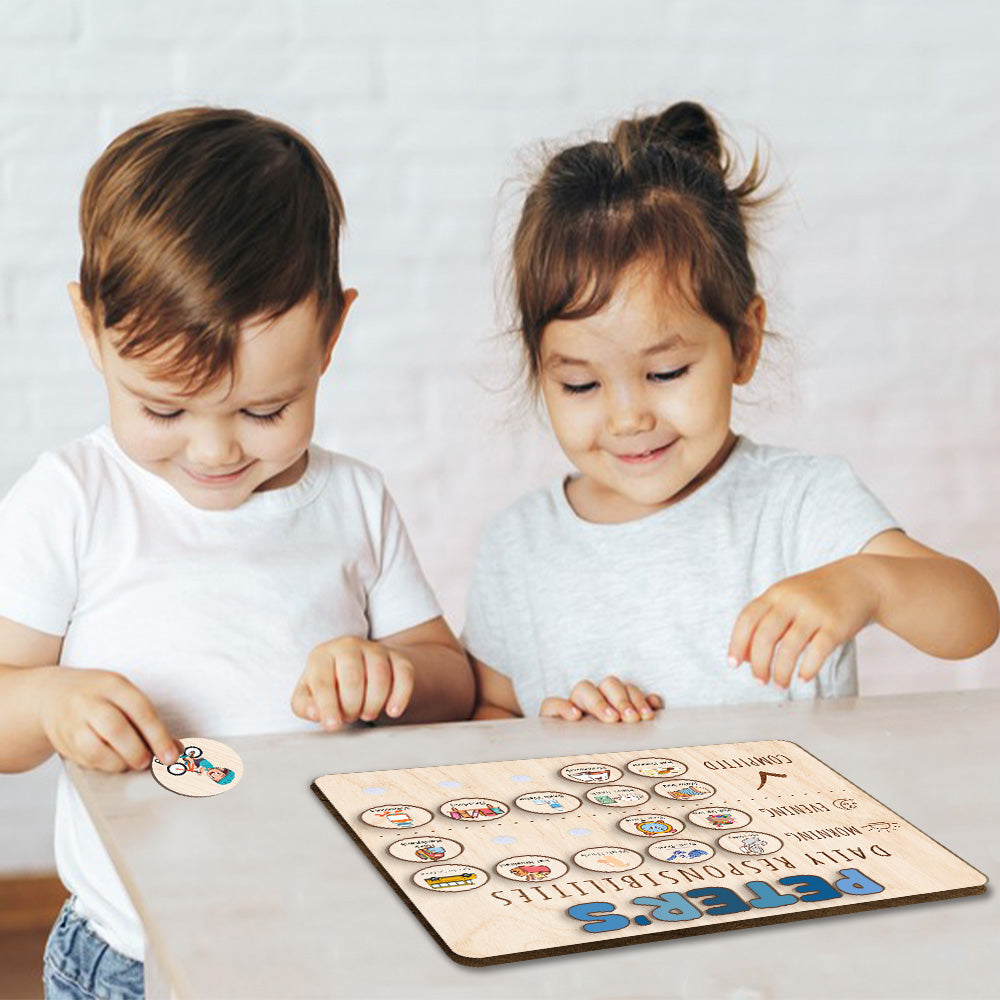 Personalized Wooden Daily Responsibilities For Boys, Chart Of Chores For Kids, Toddler Routine Chart