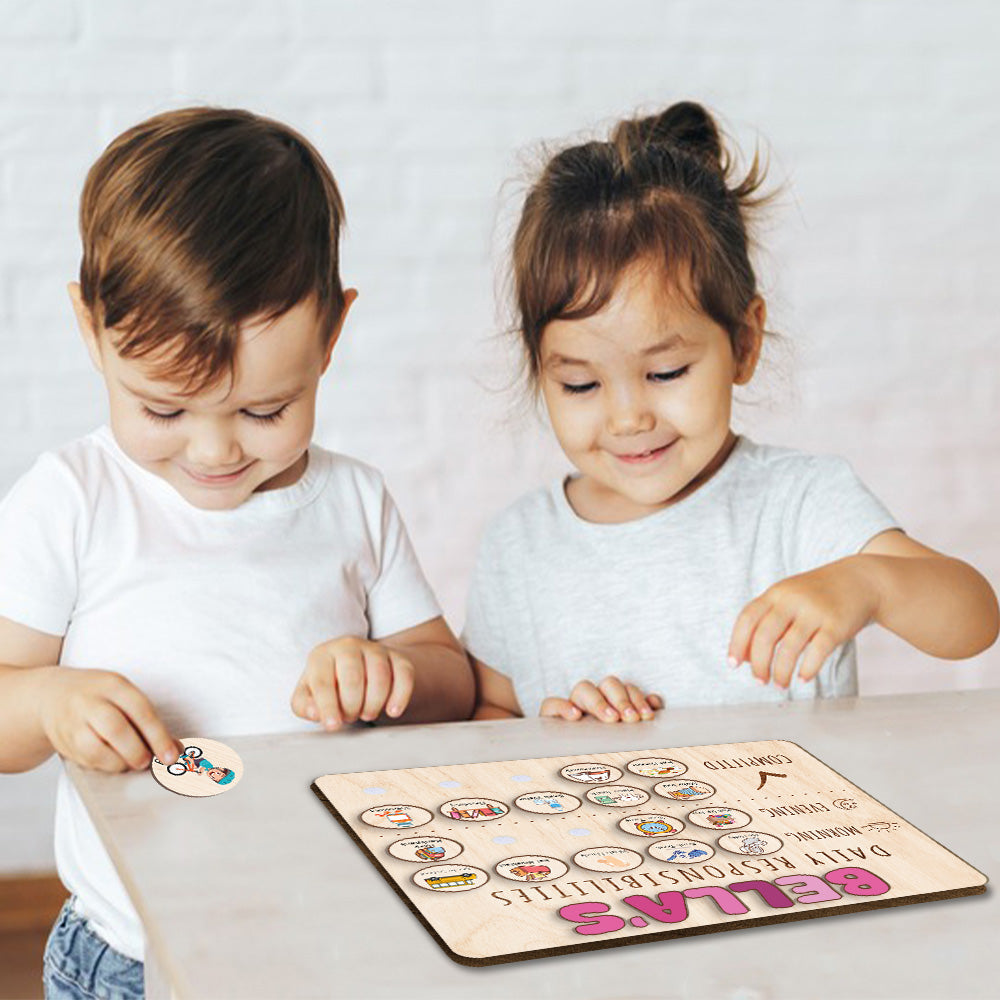 Personalized Wooden Daily Responsibilities For Girls, Chart Of Chores For Kids, Toddler Routine Chart