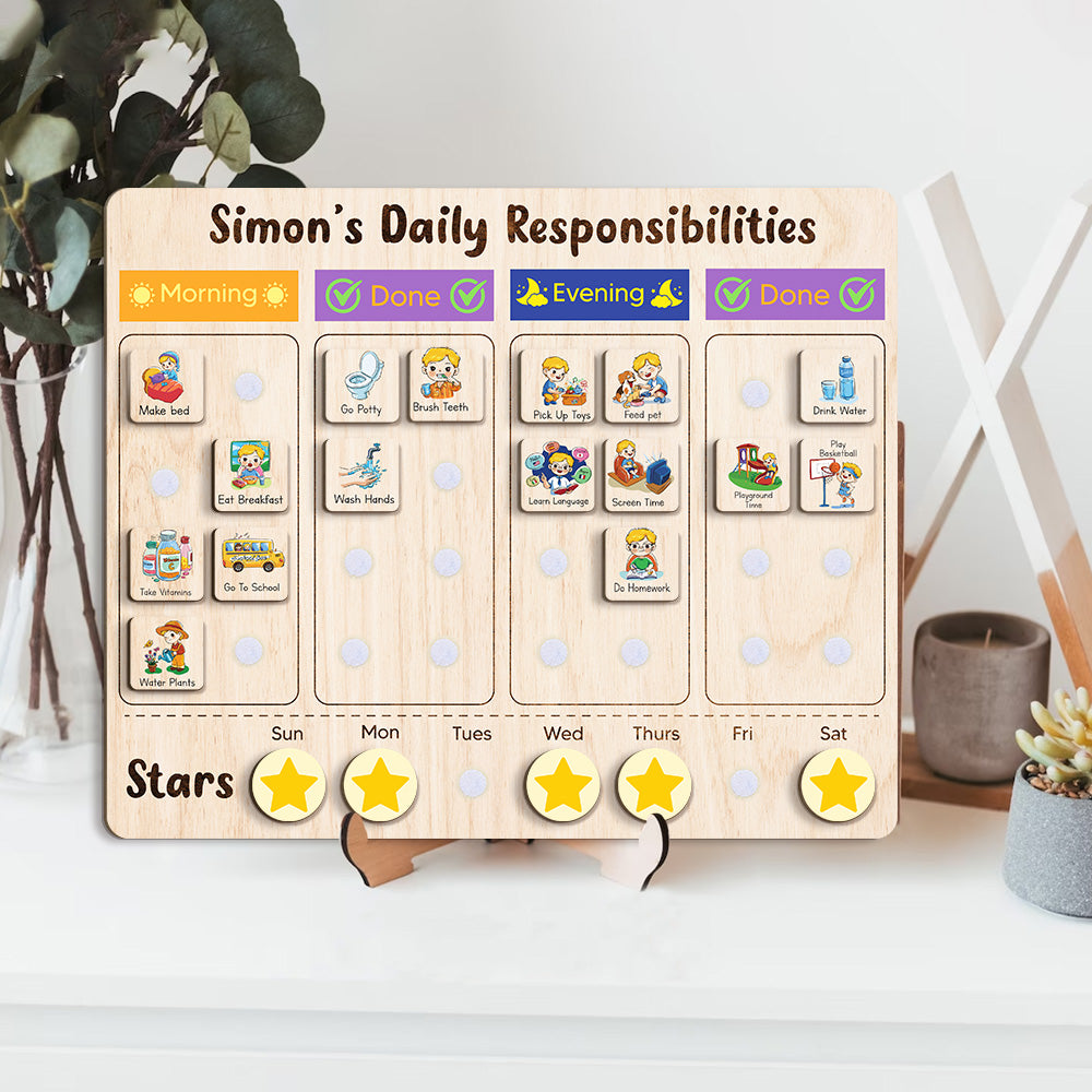 Personalized Wooden Daily Responsibilities Chore List For Kids, Wooden Chore Chart For Kids, Toddler Routine Board