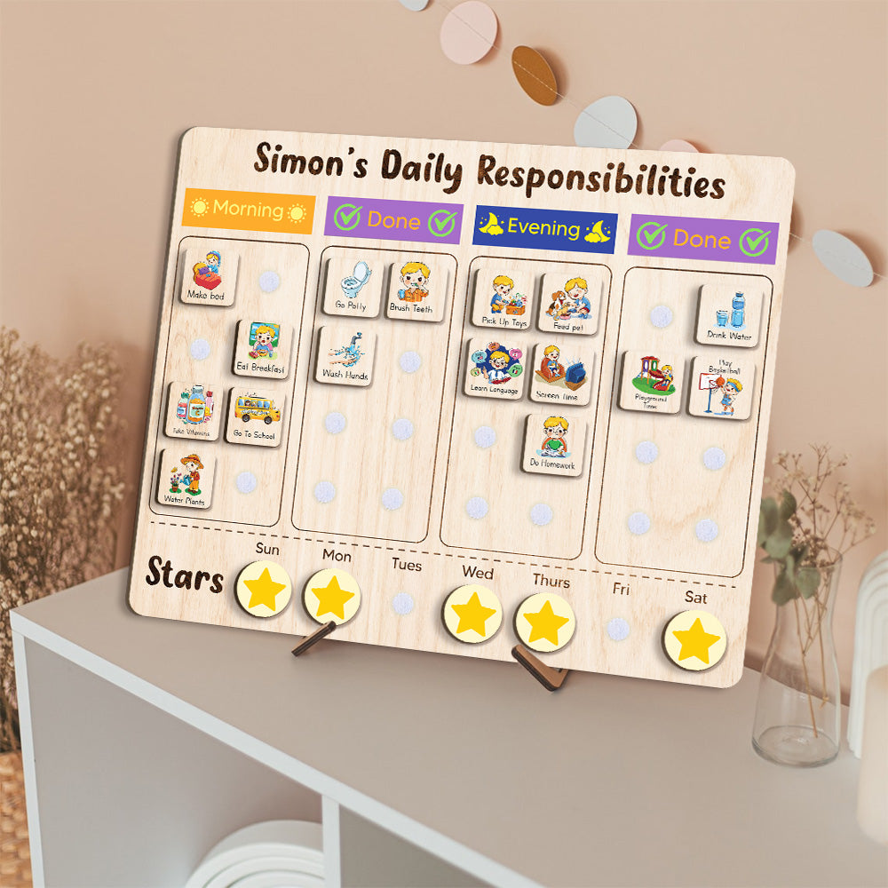 Personalized Wooden Daily Responsibilities Chore List For Kids, Wooden Chore Chart For Kids, Toddler Routine Board