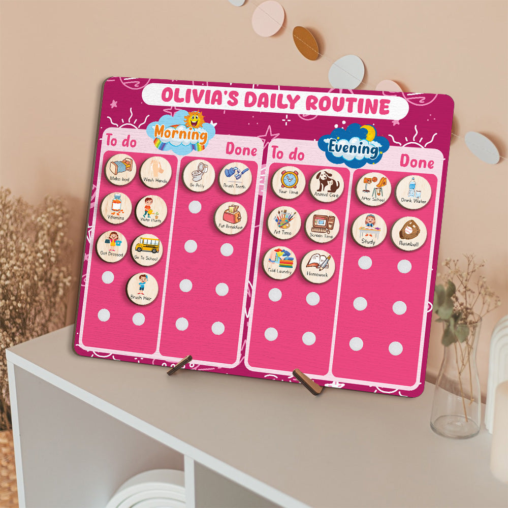 Personalized Wooden Daily Routine Chore Chart Chores For Girls, Toddler Routine Chart For Kids