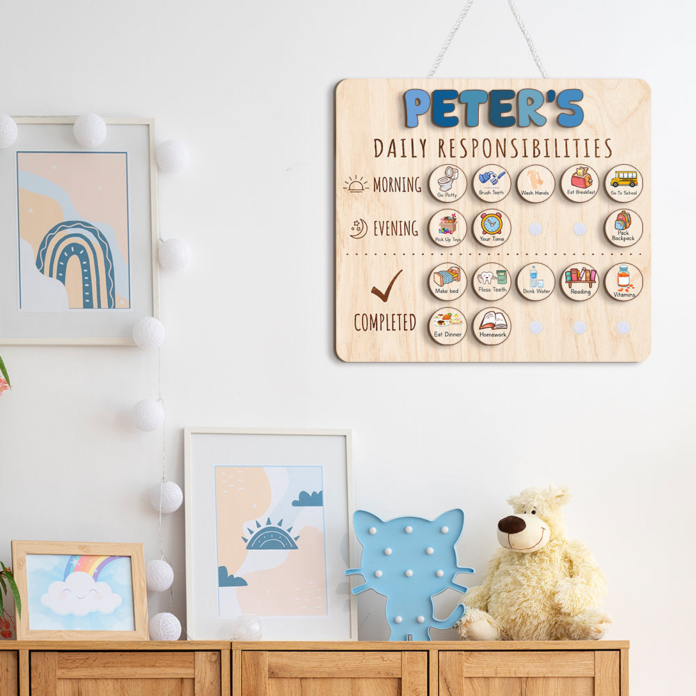 Personalized Wooden Daily Responsibilities For Boys, Chart Of Chores For Kids, Toddler Routine Chart