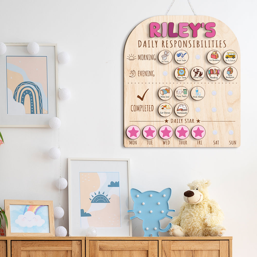 Personalized Wooden Daily Responsibilities Chart Of Chores With Stars Reward For Girls, Wooden Chore Chart For Kids