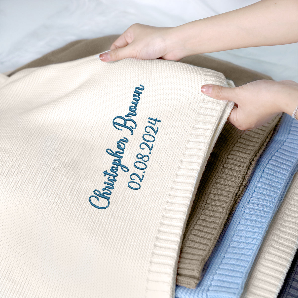 Baby Blankets Embroidered Name, Personalized Baby Blanket for Boys Girls, Custom Baby Name Blankets, Embroidery Blanket, Cotton Knit Blanket