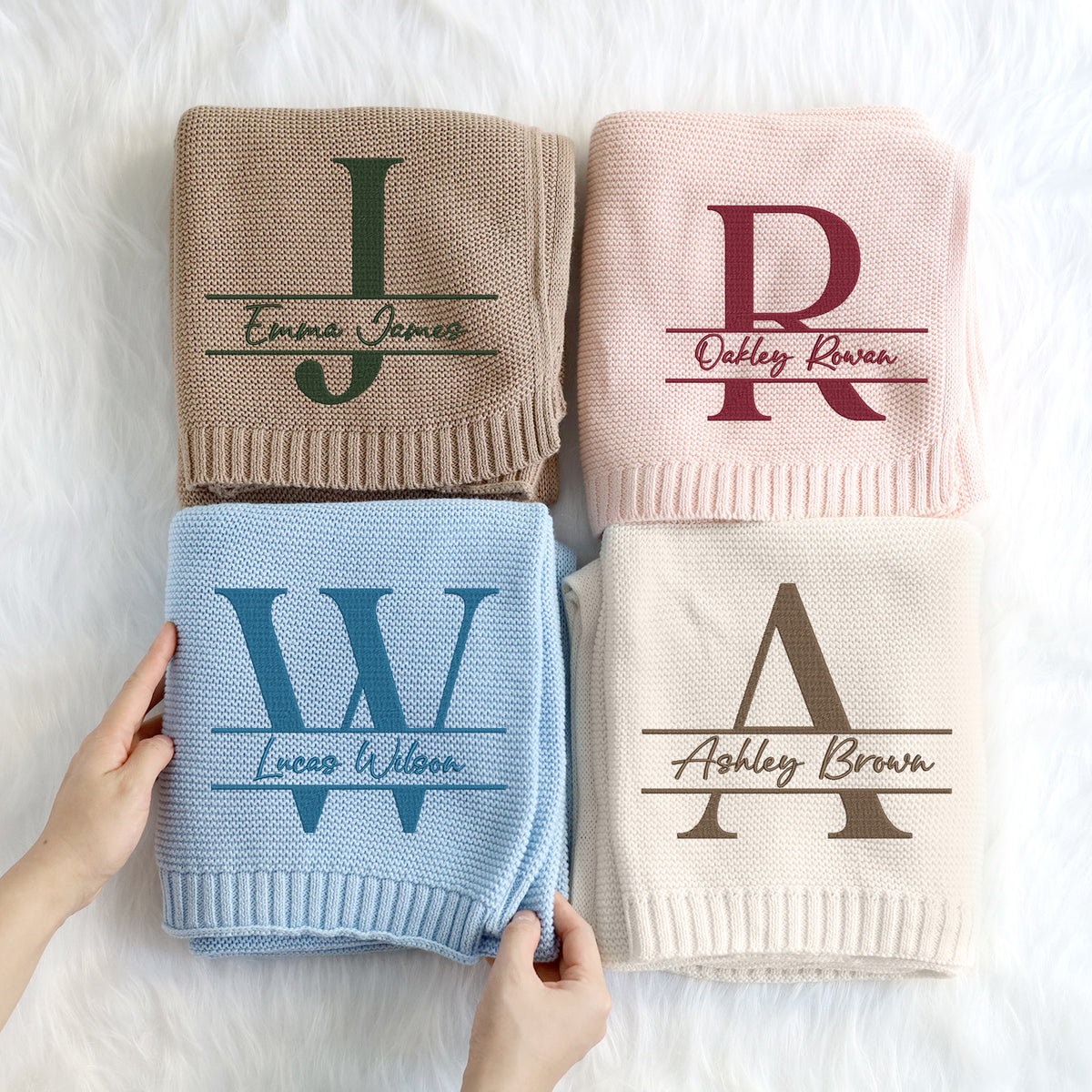Baby Blankets Embroidered Name, Personalized Baby Blanket for Boys Girls, Initial Name Embroidery Blanket, Cotton Knit Blanket