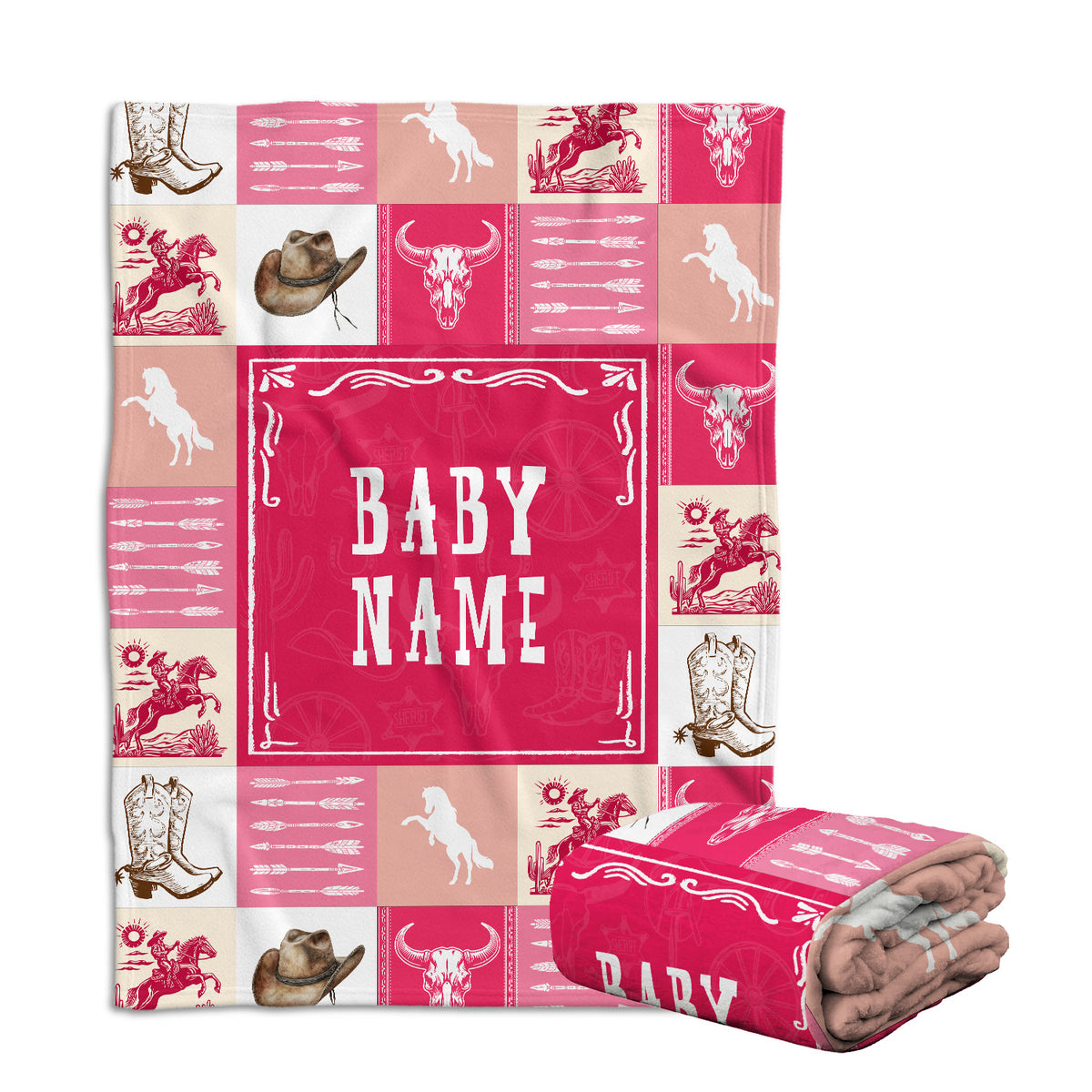 Baby Western Blanket for Girl, Custom Name Fleece Blankets, Pink Western Nursery Decorations, for Family Friends