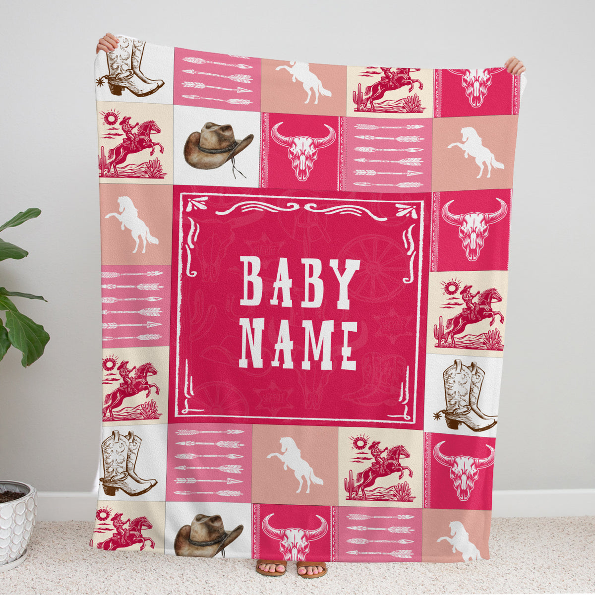 Baby Western Blanket for Girl, Custom Name Fleece Blankets, Pink Western Nursery Decorations, for Family Friends