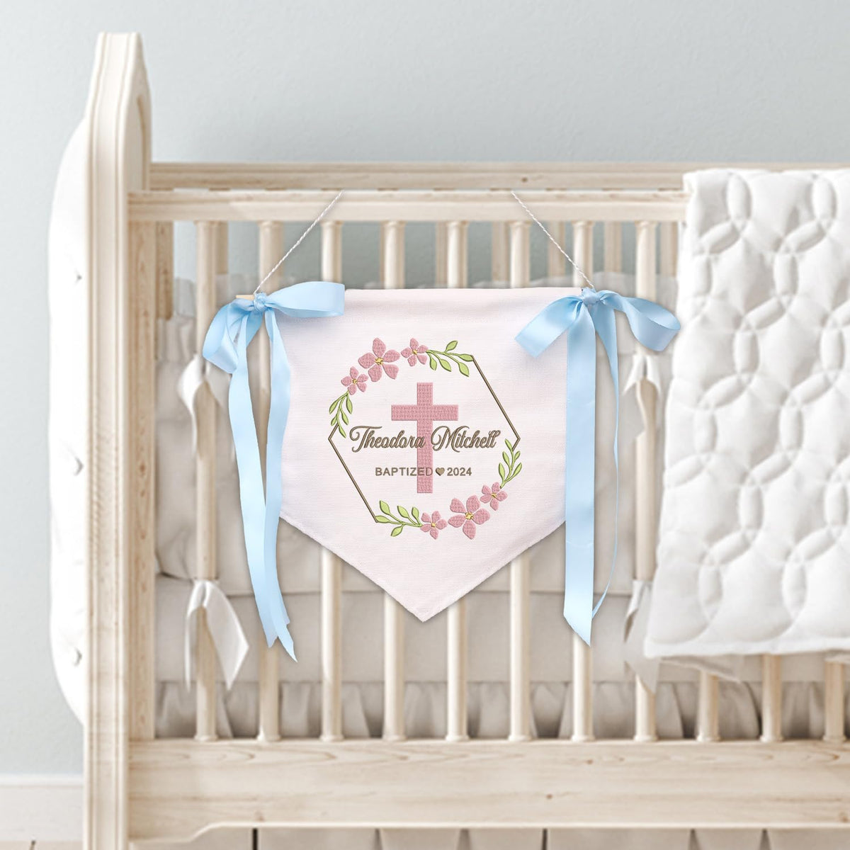 Baptism Banner with Embroidered Cross, Baby Crib Canvas Hanging Pennant Flag, Great Gift For Baby, Newborn Baby Banner with Bows Ribbon