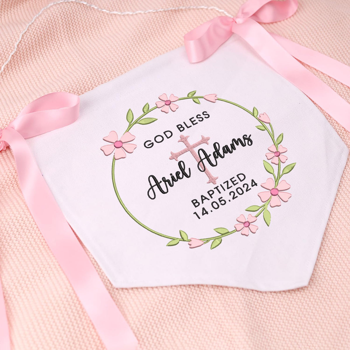 Baptism Banner with Embroidered Cross, Baby Crib Canvas Hanging Pennant Flag, Newborn Baby Banner with Bows Ribbon, Baby Shower Banner, Great gift for baby