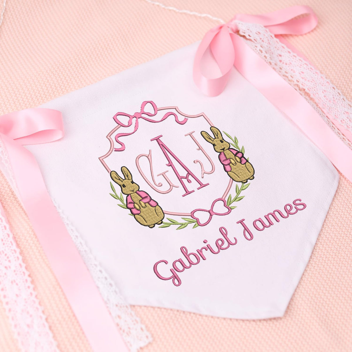 Baptism Banner with Embroidered Cross, Baby Crib Canvas Hanging Pennant Flag, Newborn Baby Banner with Bows Ribbon, Baby Shower Banner, Great gift for baby
