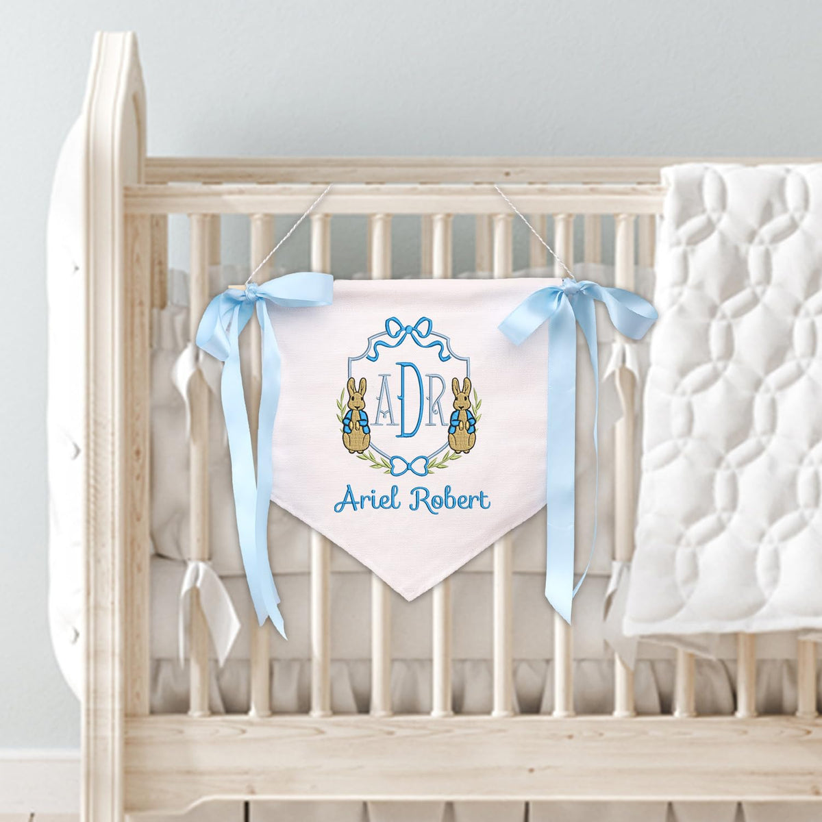 Baptism Banner with Embroidered Cross, Baby Crib Canvas Hanging Pennant Flag, Newborn Baby Banner with Bows Ribbon, Baby Shower Banner, Great gift for baby