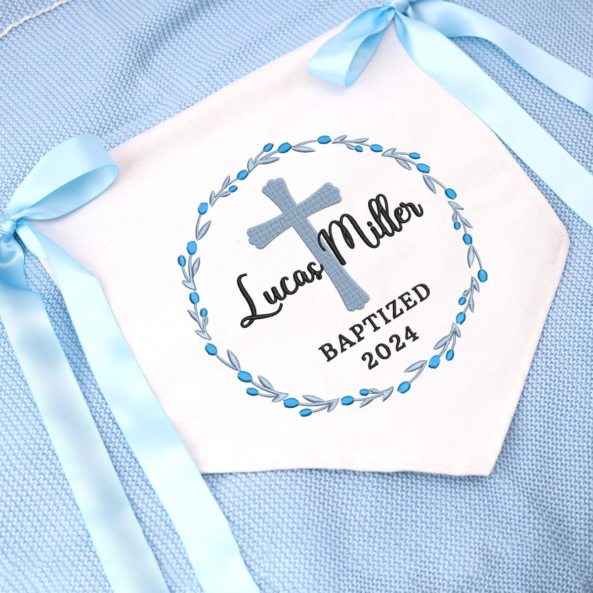 Baptism Banner with Embroidered Cross, Baby Crib Canvas Hanging Pennant Flag, Newborn Baby Banner with Bows Ribbon, Great gift for Baby