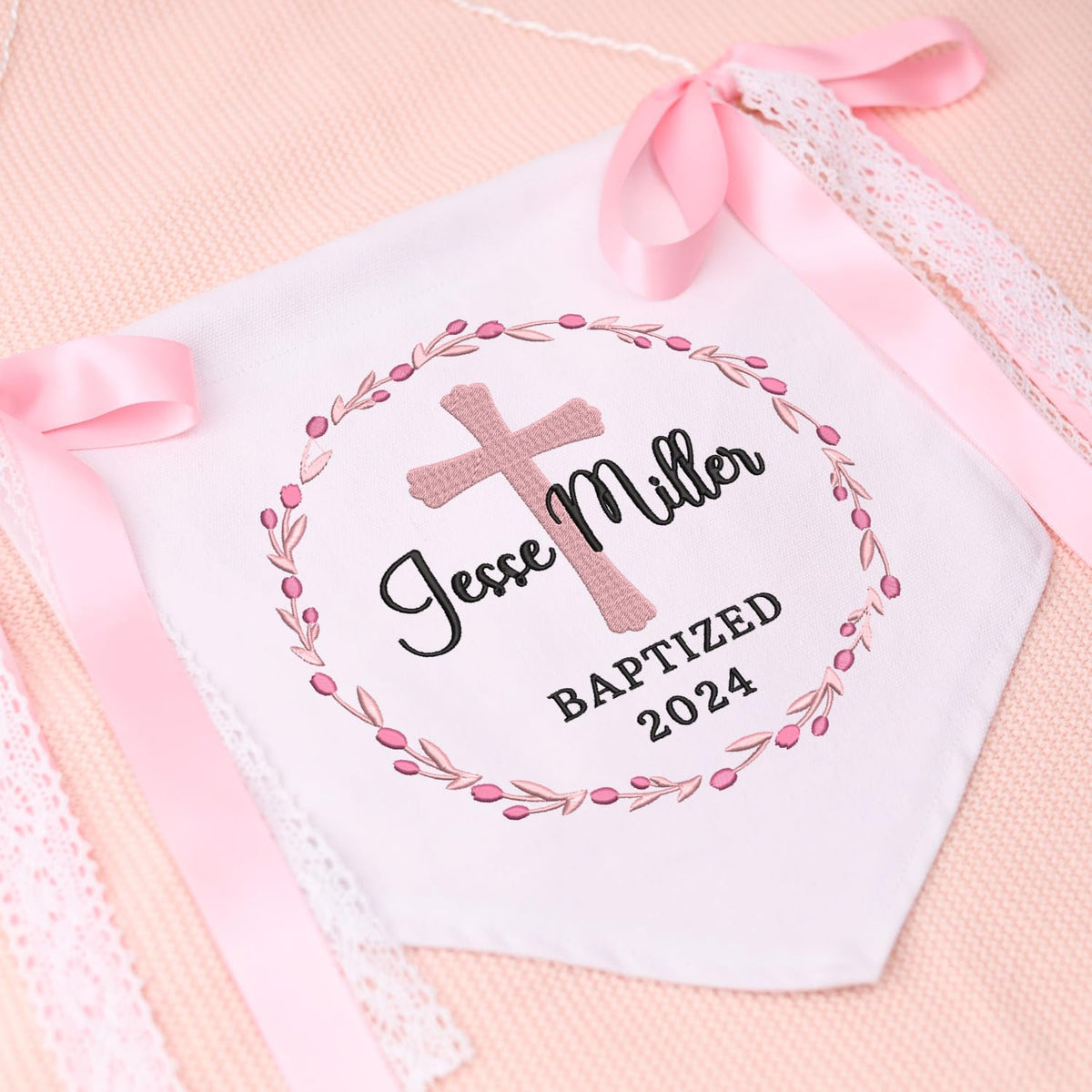 Baptism Banner with Embroidered Cross, Baby Crib Canvas Hanging Pennant Flag, Newborn Baby Banner with Bows Ribbon, Great gift for Baby
