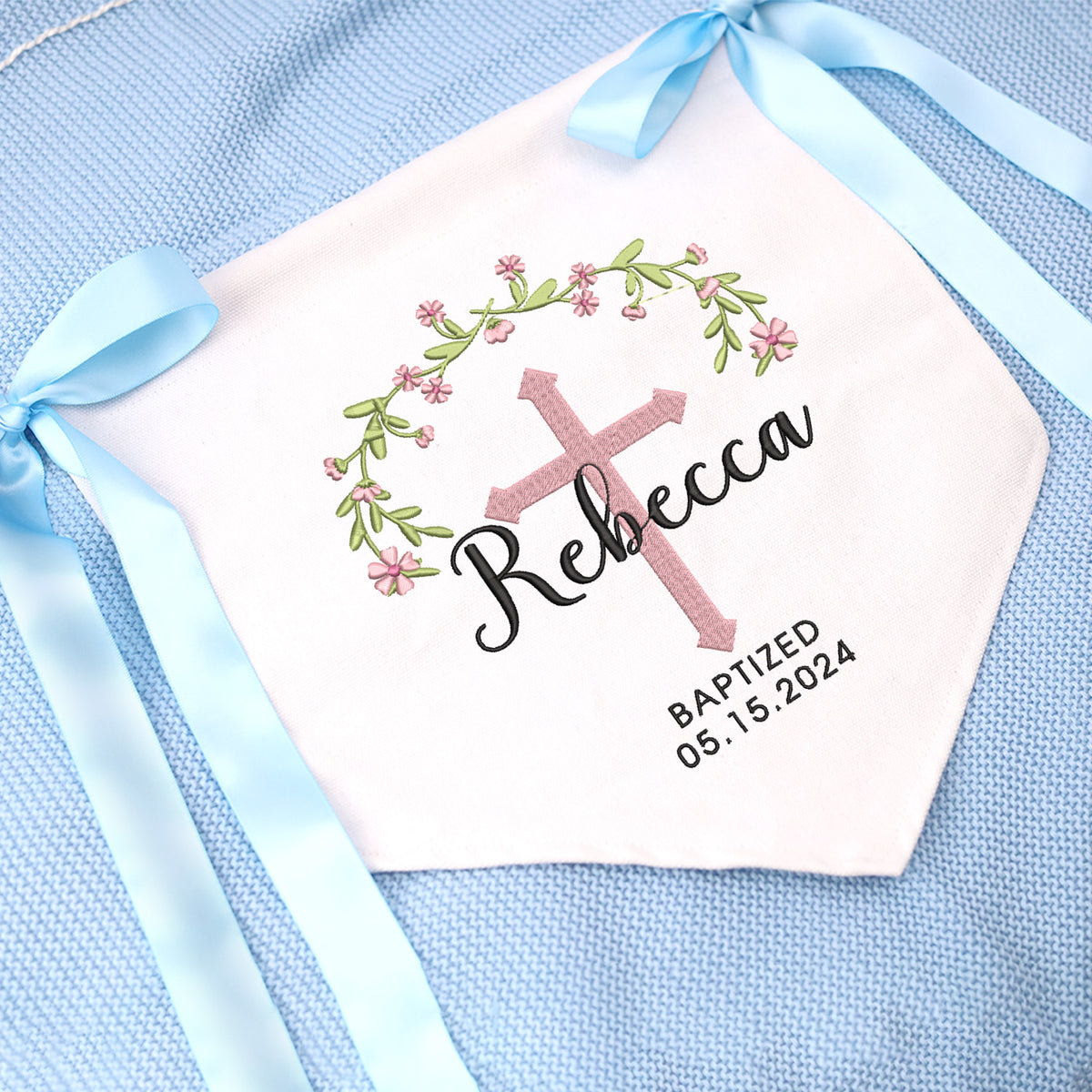 Baptism Banner with Embroidered Cross, Great gift for baby, Baby Crib Canvas Hanging Pennant Flag, Newborn Baby Banner with Bows Ribbon, Baby Shower Banner