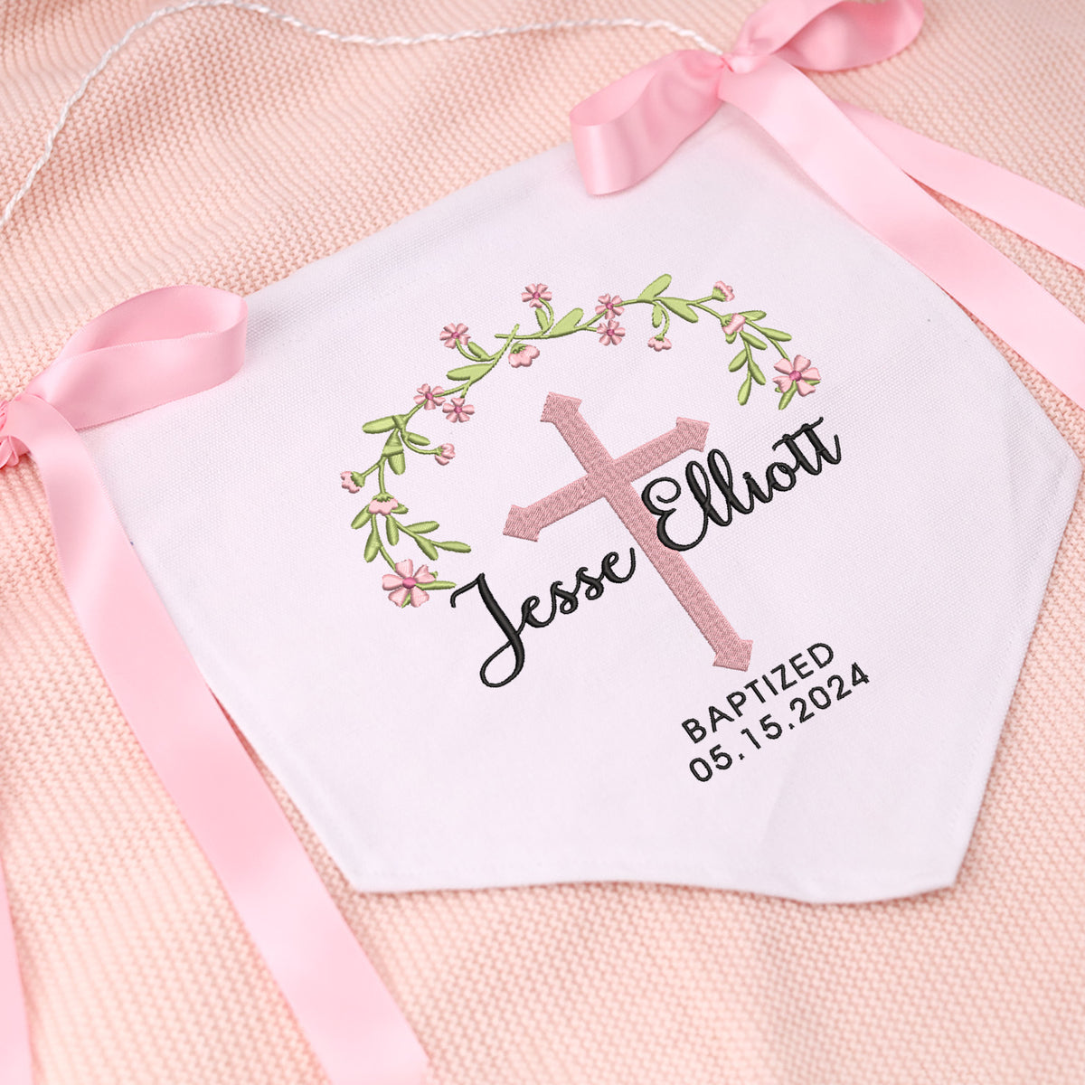 Baptism Banner with Embroidered Cross, Great gift for baby, Baby Crib Canvas Hanging Pennant Flag, Newborn Baby Banner with Bows Ribbon, Baby Shower Banner