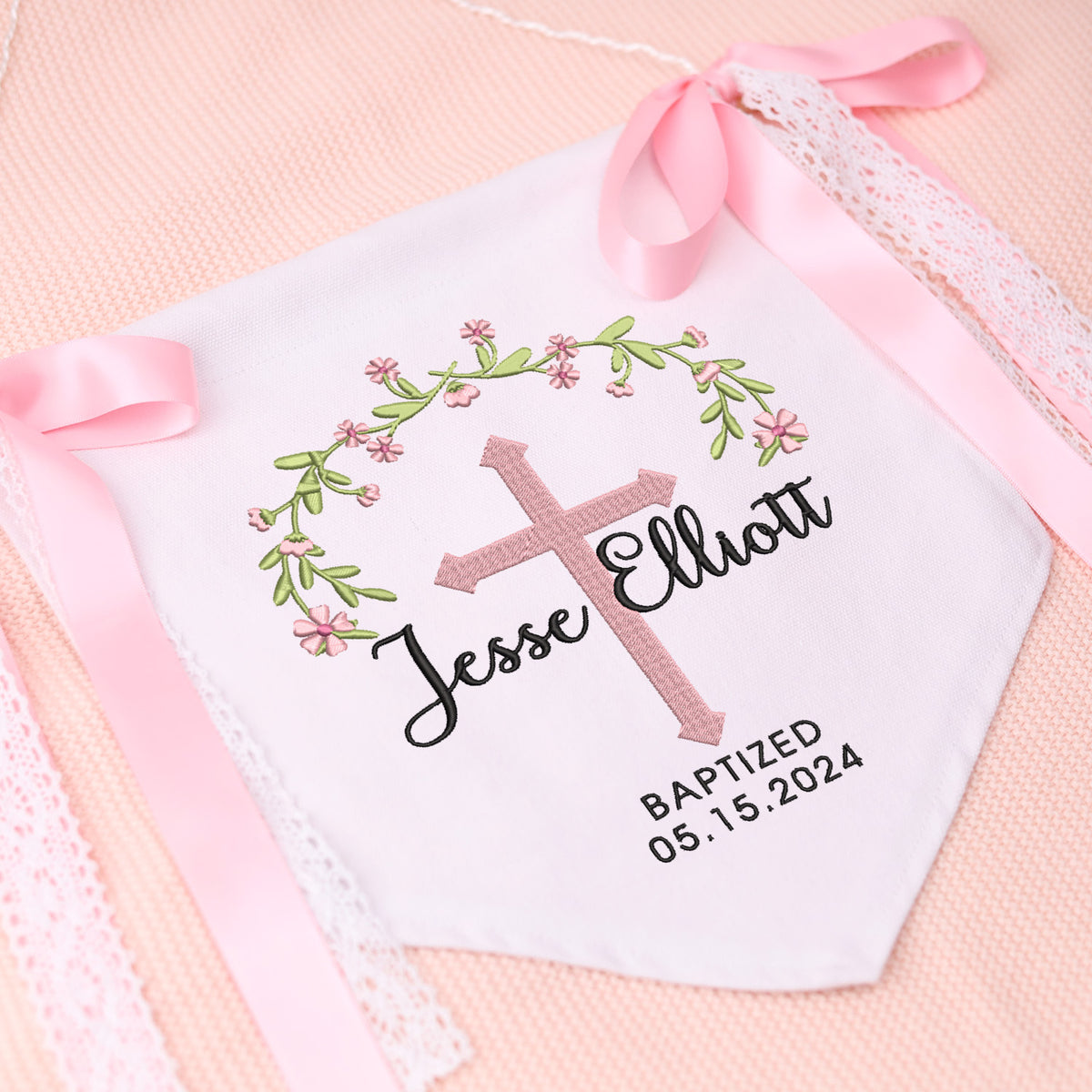Baptism Banner with Embroidered Cross, Great gift for baby, Baby Crib Canvas Hanging Pennant Flag, Newborn Baby Banner with Bows Ribbon, Baby Shower Banner