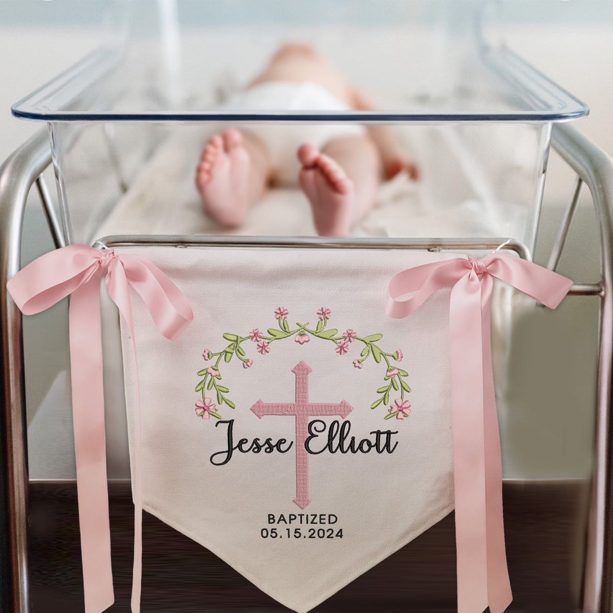 Baptism Banner with Embroidered Cross, Great gift for baby, Baby Crib Canvas Hanging Pennant Flag, Newborn Baby Banner with Bows Ribbon, Baby Shower Banner