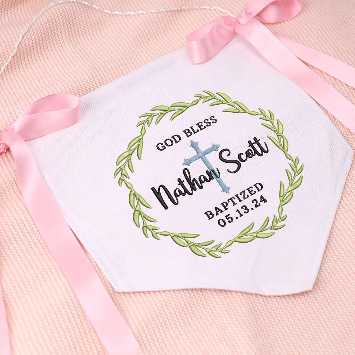 Baptism Banner with Embroidered Cross, Newborn Baby Banner with Bows Ribbon, Baby Crib Canvas Hanging Pennant Flag, Great gift for baby