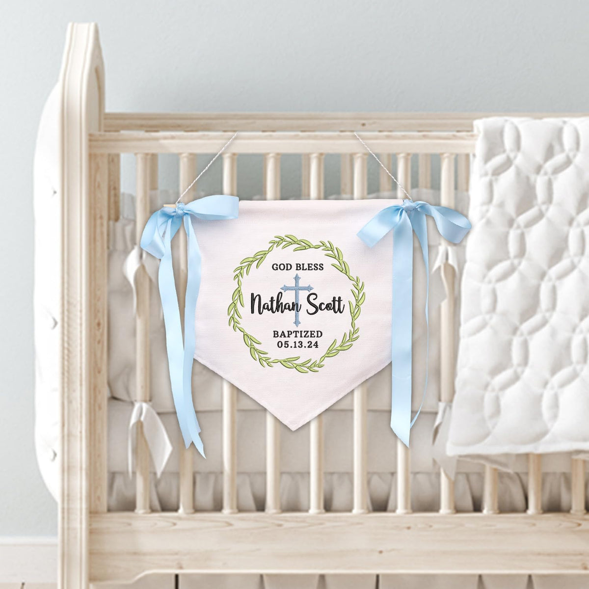Baptism Banner with Embroidered Cross, Newborn Baby Banner with Bows Ribbon, Baby Crib Canvas Hanging Pennant Flag, Great gift for baby