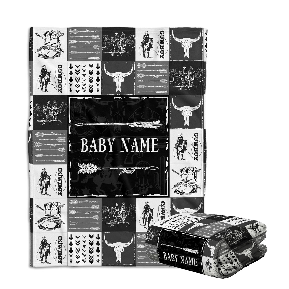 Black Cowboy Blankets Pattern, Personalized Baby Blankets for Boys Girls, Baby Stuff, Custom Baby Blankets Name Fleece Blankets for Son Newborn Infant