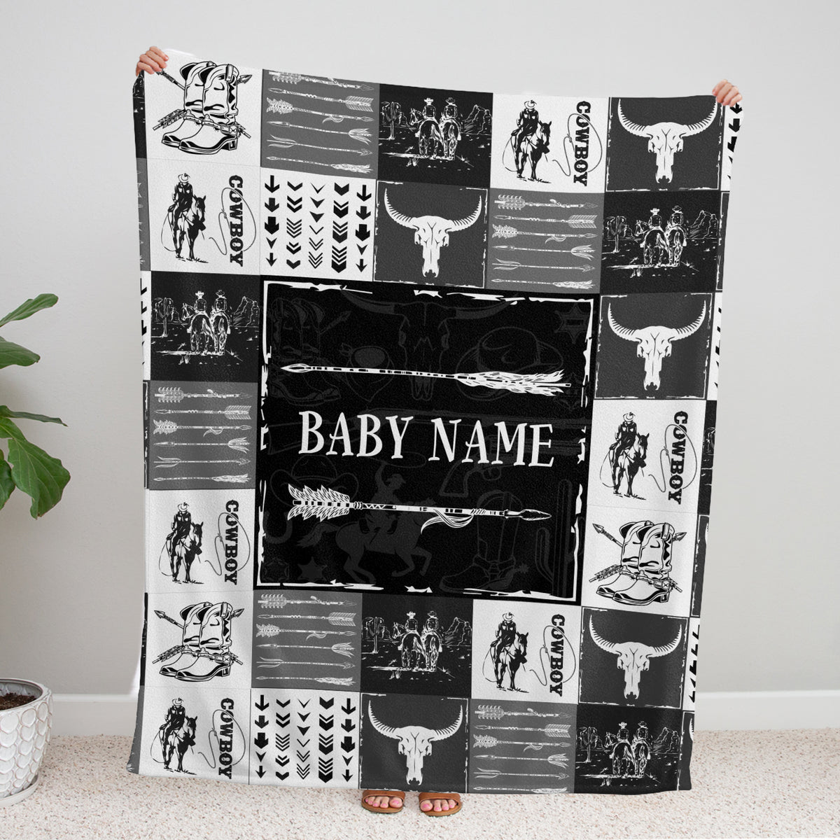 Black Cowboy Blankets Pattern, Personalized Baby Blankets for Boys Girls, Baby Stuff, Custom Baby Blankets Name Fleece Blankets for Son Newborn Infant