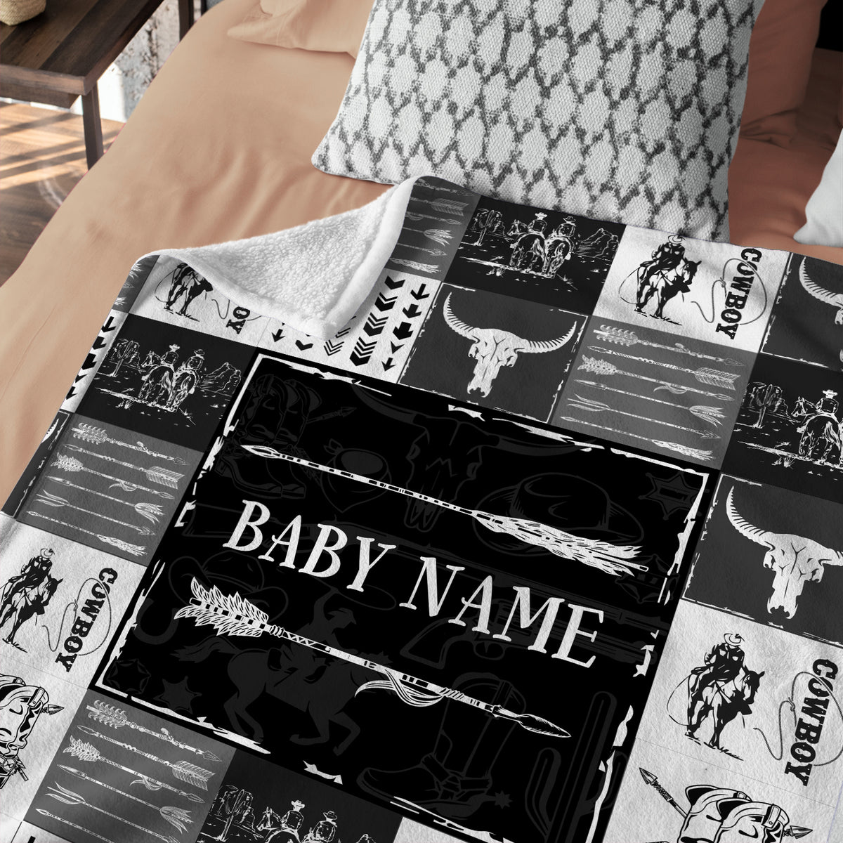 Black Cowboy Blankets Pattern, Personalized Baby Blankets for Boys Girls, Baby Stuff, Custom Baby Blankets Name Fleece Blankets for Son Newborn Infant