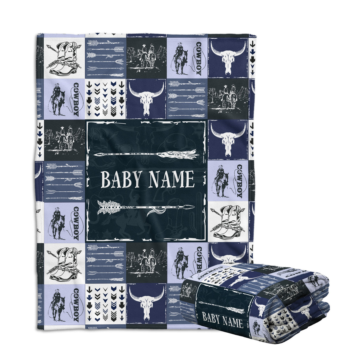Blue Cowboy Blankets Pattern, Personalized Baby Blankets for Boys Girls, Baby Stuff, Custom Baby Blankets Name Fleece Blankets for Son Newborn Infant