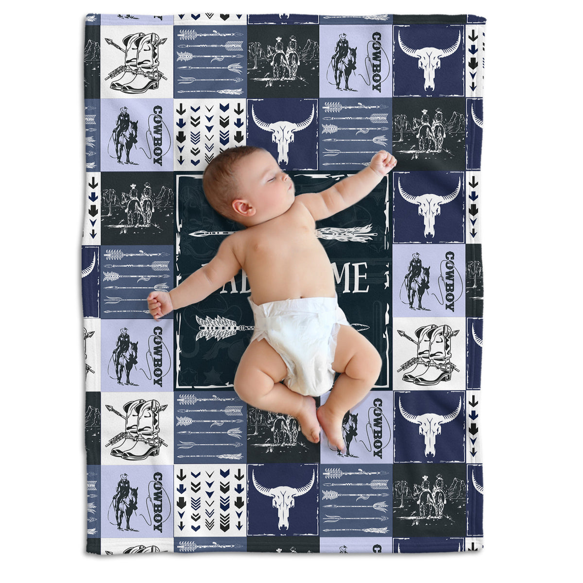 Blue Cowboy Blankets Pattern, Personalized Baby Blankets for Boys Girls, Baby Stuff, Custom Baby Blankets Name Fleece Blankets for Son Newborn Infant