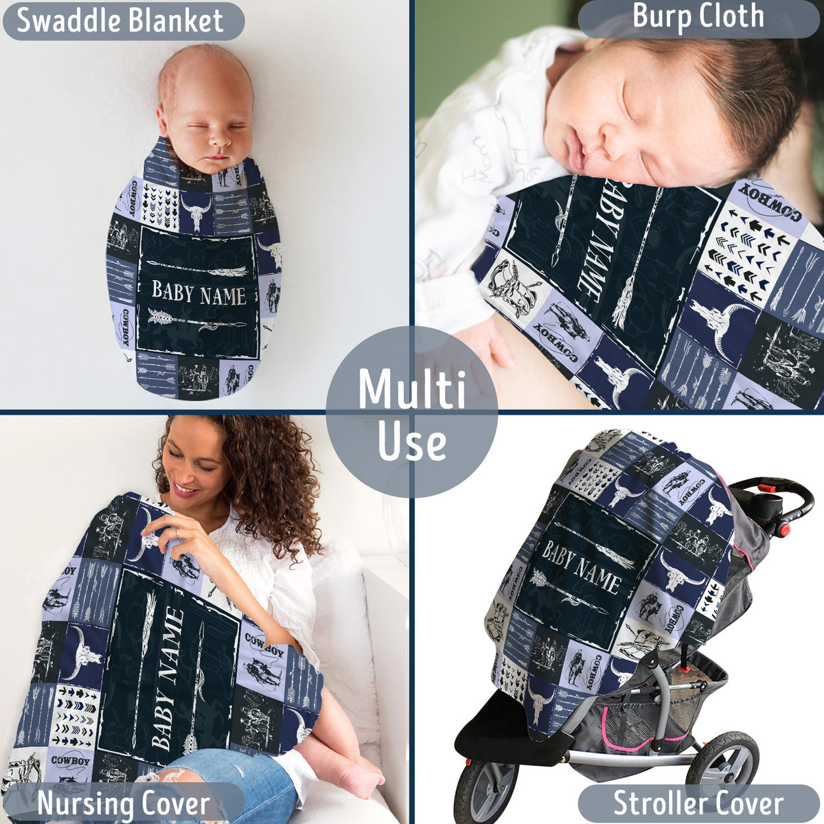 Blue Cowboy Blankets Pattern, Personalized Baby Blankets for Boys Girls, Baby Stuff, Custom Baby Blankets Name Fleece Blankets for Son Newborn Infant