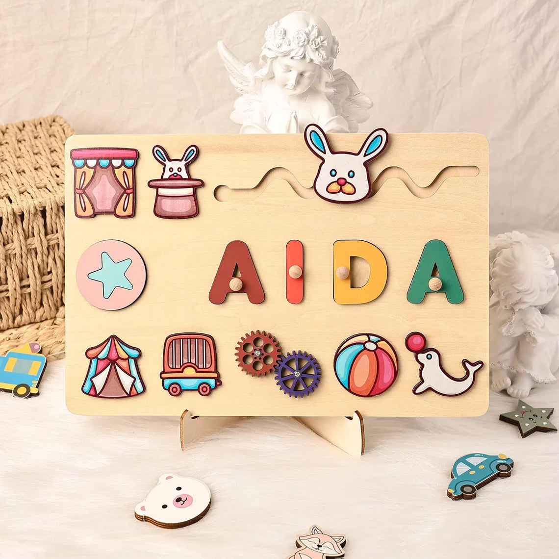 Circus Wooden Name Puzzle, Personalized Toddler Toy, Custom Gifts for Kids, Wooden Toys for Baby, Toddler Gift