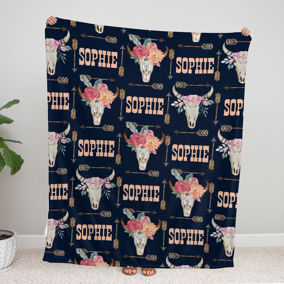 Cow Skull and Flowers Personalized Baby Blankets, Baby Western Blanket Custom Name Fleece Blankets for Infant Newborn Daughter