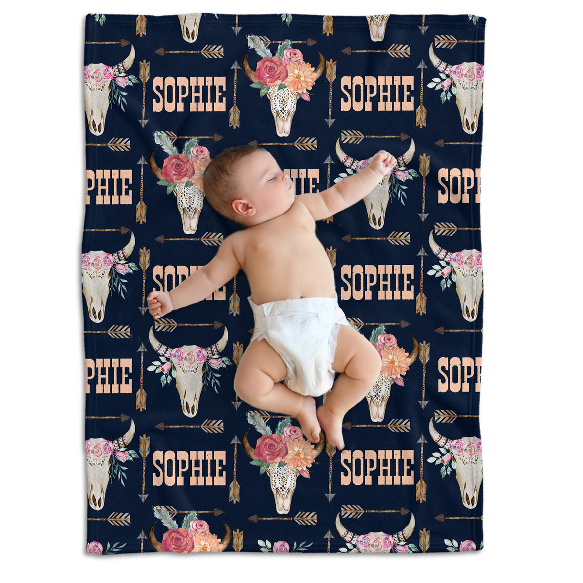 Cow Skull and Flowers Personalized Baby Blankets, Baby Western Blanket Custom Name Fleece Blankets for Infant Newborn Daughter