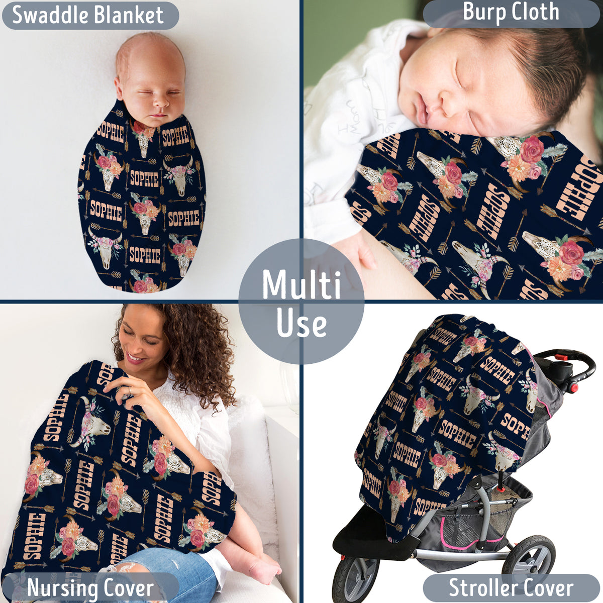 Cow Skull and Flowers Personalized Baby Blankets, Baby Western Blanket Custom Name Fleece Blankets for Infant Newborn Daughter