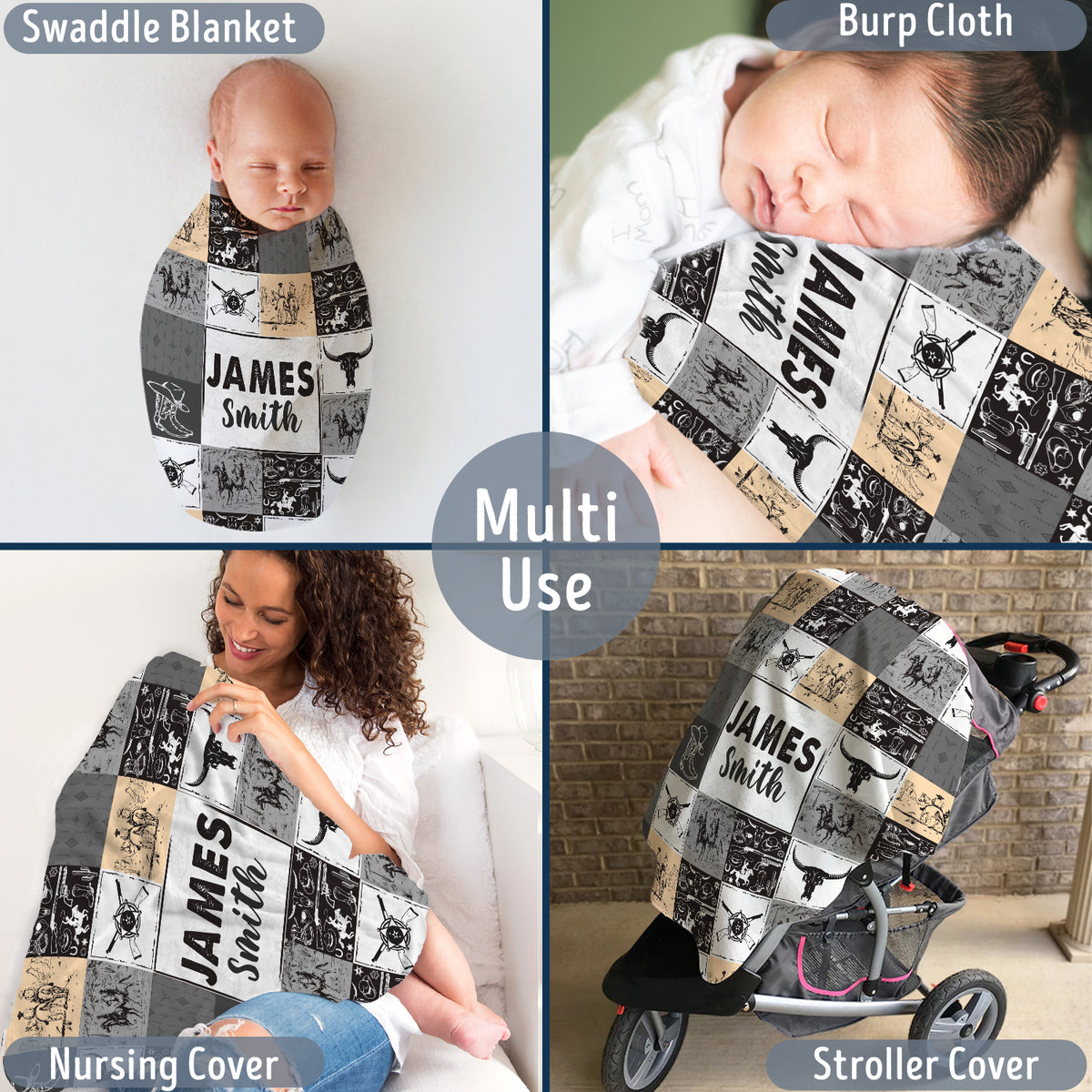 Cowboy Personalized Baby Blanket - Western Fleece Blankets for Boys & Girls, Custom Name, 3 Sizes for Infant Newborn Son & Daughter