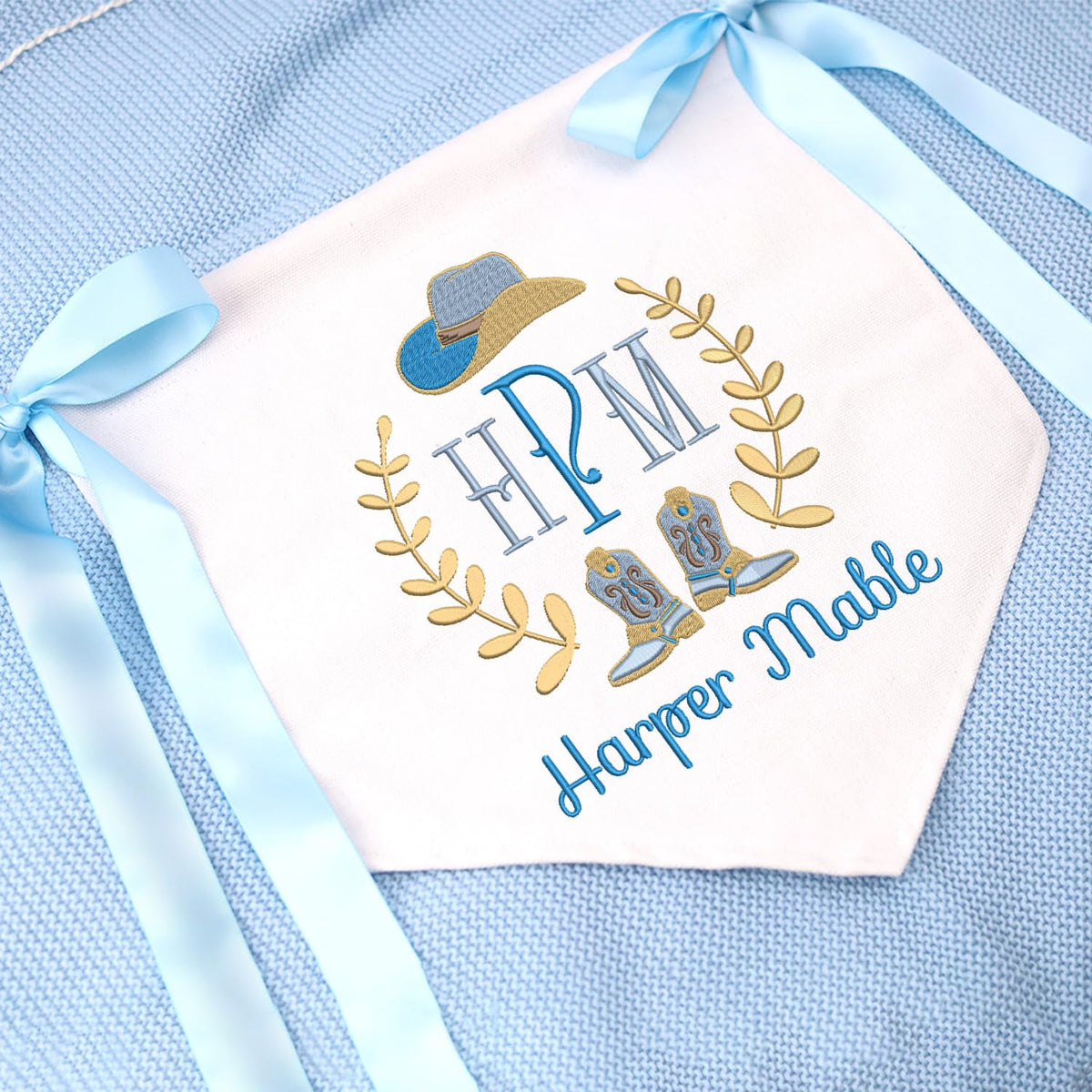 Custom Baby Banner with Embroidered Name, Cowboy Welcome Banner, Baby Shower with Bows, Baby Crib Hanging Pennant Flag
