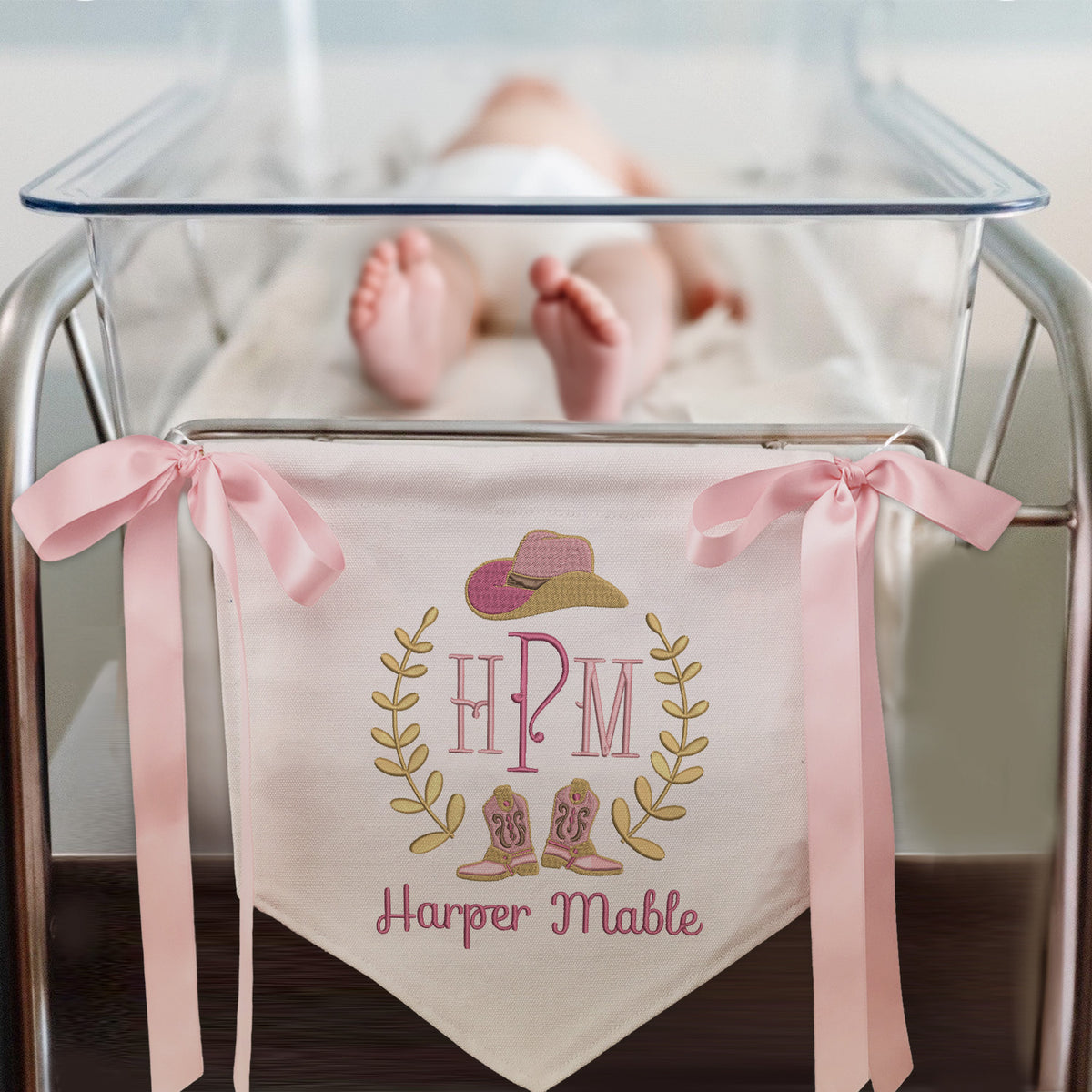 Custom Baby Banner with Embroidered Name, Cowboy Welcome Banner, Baby Shower with Bows, Baby Crib Hanging Pennant Flag