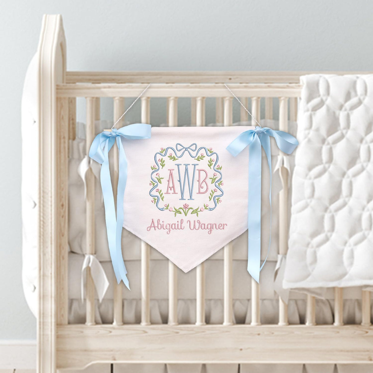 Custom Baby Banner with Monogrammed, Baby Shower with Bows, Baby Crib Hanging Pennant Flag, Baby Room Front Door Sign, Gift For Baby