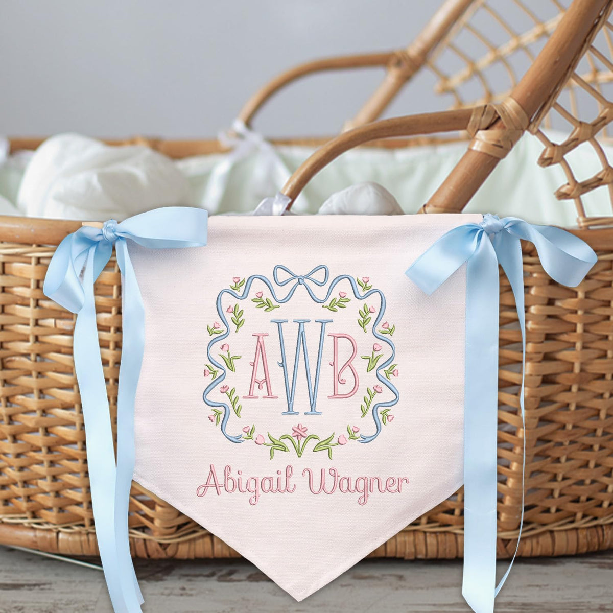 Custom Baby Banner with Monogrammed, Baby Shower with Bows, Baby Crib Hanging Pennant Flag, Baby Room Front Door Sign, Gift For Baby