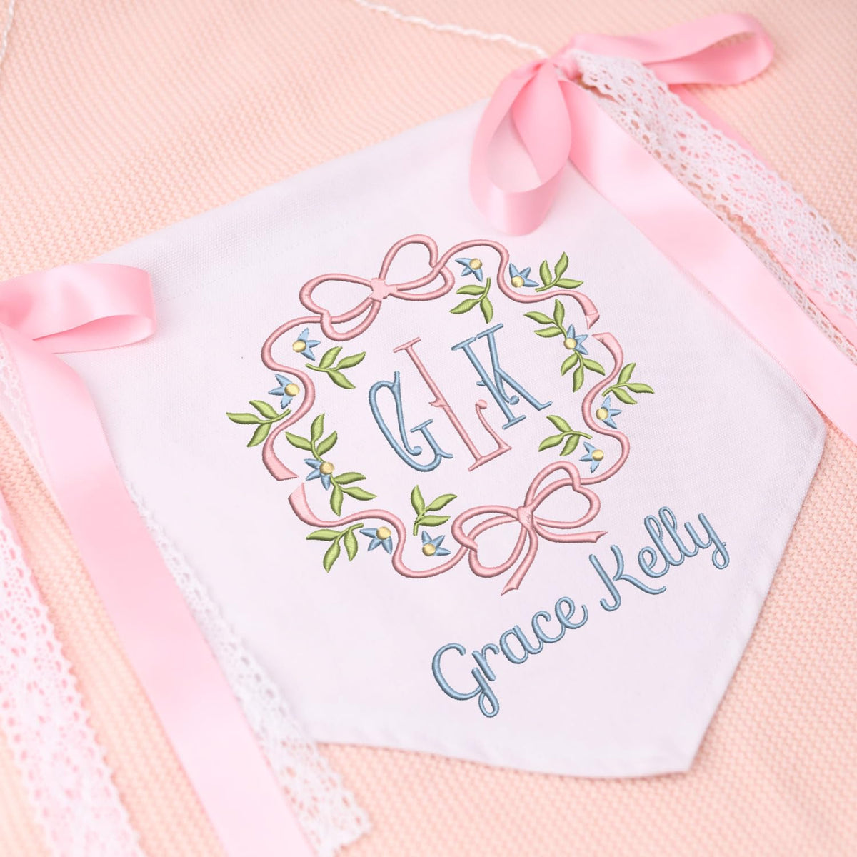 Custom Baby Banner with Monogrammed, Gift for Baby, Baby Shower with Bows, Baby Crib Hanging Pennant Flag, Baby Room Front Door Sign