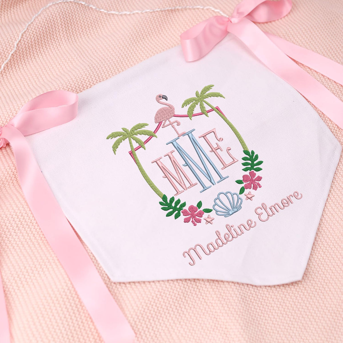 Custom Baby Flamingo Banner with Embroidered Name, Baby Crib Hanging Pennant Flag, Baby Room Front Door Sign, Gift For Baby